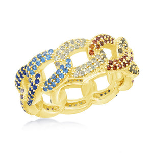 Sterling Silver Multi-Color CZ Essential Cuban Link Ring - Gold Plated