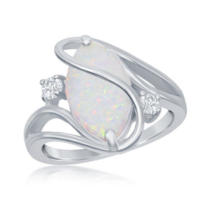 Sterling Silver White Inlay Opal Oval Twist With CZ Ring