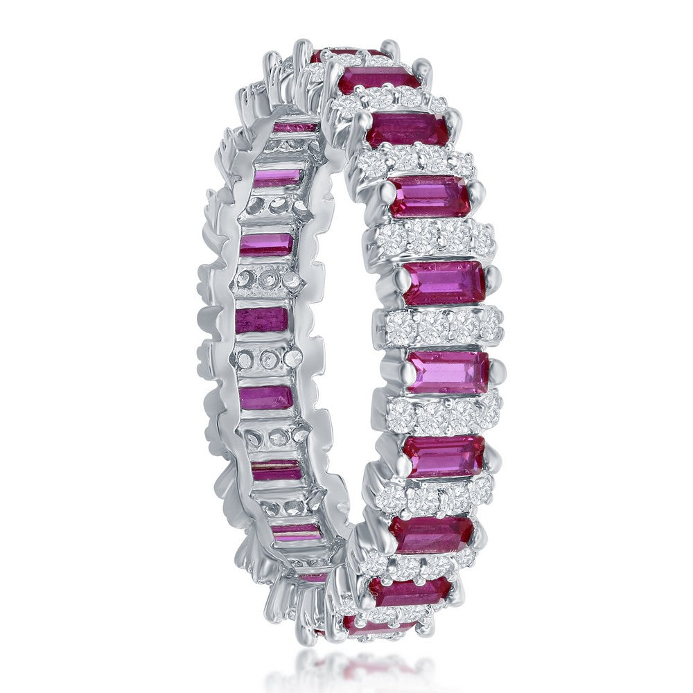 Sterling Silver Round & Baguette Eternity Band Ring - Ruby CZ