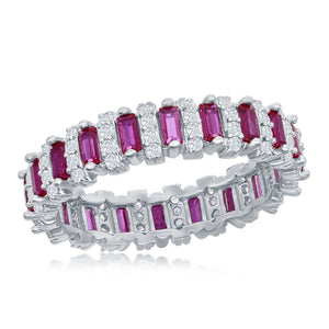 Sterling Silver Round & Baguette Eternity Band Ring - Ruby CZ