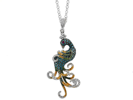 EFFY 14K WHITE GOLD DIAMOND,MULTICOLOR,BLUE DIAMOND,GREEN DIAMOND,NATURAL RUBY PENDANT